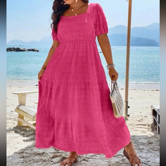 Boho plus size comfy square neck puff sleeve ruffle hem maxi dress - Picture 11 of 16